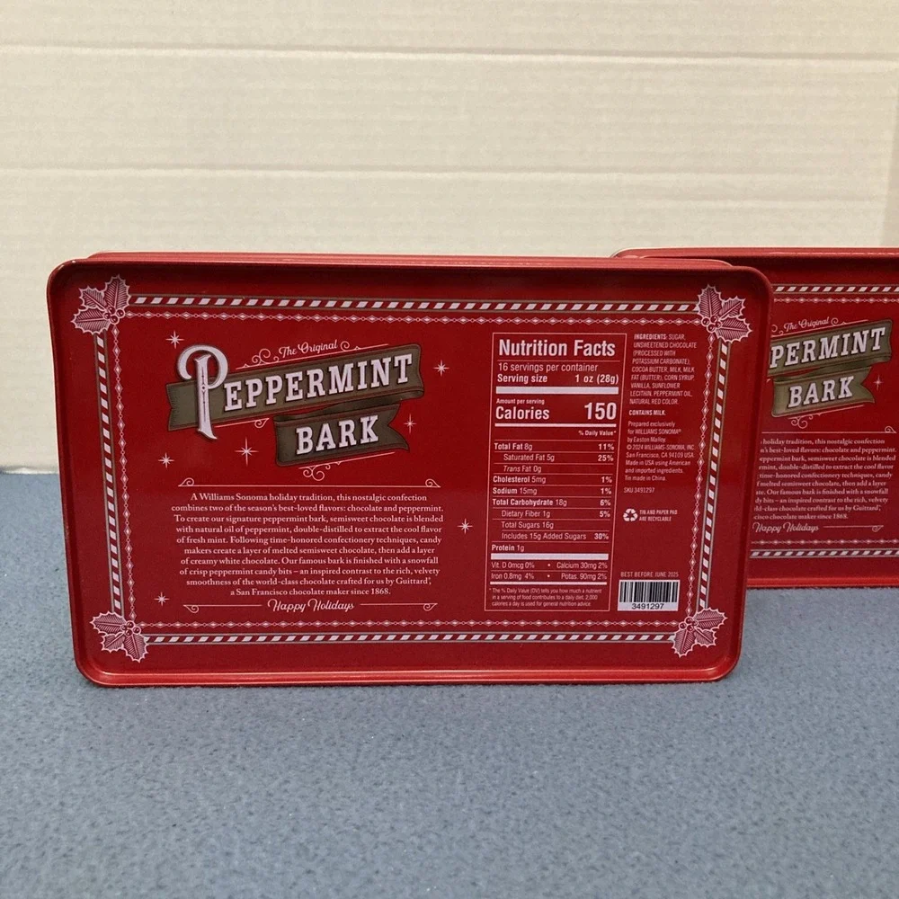 Williams Sonama Peppermint Bark 1 lb/16 oz Tins (Empty) from 2024 - Set of 2
